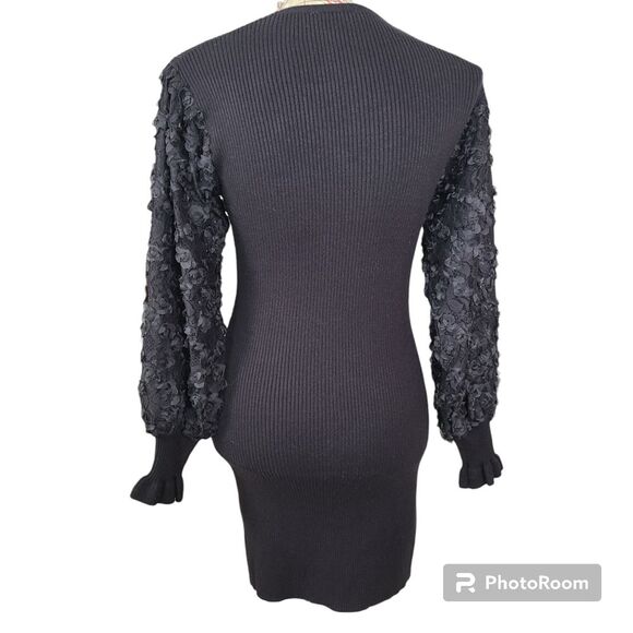 LUSH Size Small Black Knit Sweater Mini Dress 3D Floral Sheer Balloon Sleeve NWT - Picture 2 of 14